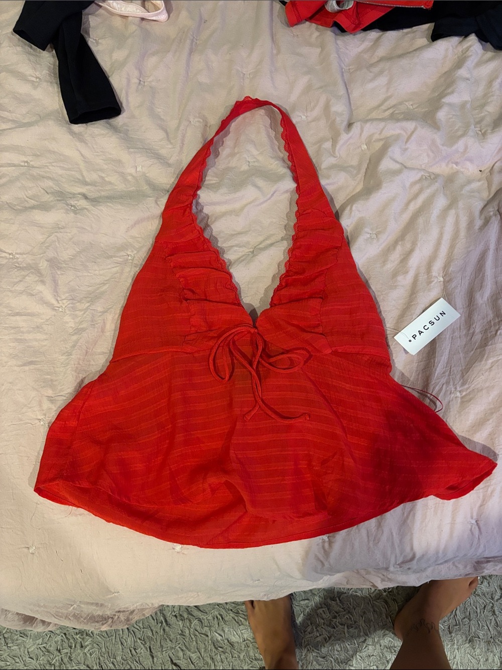 PacSun Red Halter Tie-Front Crop Top with Scalloped Edge